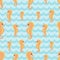 Seamless pattern with flock of cartoon seahorses on wave background.