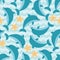 Seamless pattern with flock of cute cartoon dolphins and starfishes.