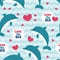 Seamless pattern with flock of dolphins. For cards, invitations, wedding or baby shower albums, wallpapers, backgrounds