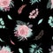 Seamless pattern of floral arrangement Tropical palm leaves, pampas rose, eucalyptus branches, green on black background