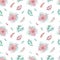 Seamless pattern of floral arrangement Tropical palm leaves, pampas rose, eucalyptus branches, greenery on white background