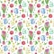 Seamless pattern - floral garden, spring or summer, watering can, flowers, grass and ladybugs, flower pots. Suitable for