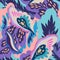 Seamless pattern with floral and plants element in psychedelic funky style in pastel colors