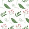 Seamless pattern of flowering twigs, spathiphyllum leaf, curl branch and leaf with small leaves