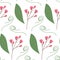 Seamless pattern of flowering twigs, spathiphyllum leaf and curled branch in trendy bright shades