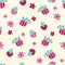 Seamless pattern with flowers, bees and strawberries