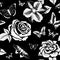 Seamless pattern with flowers and butterflies (black and white)
