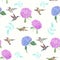 Seamless pattern with flowers and hummingbirds