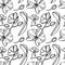 Seamless pattern with flowers and leaves of orchid, line art sketch, vector illustration, black and white color