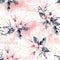 Seamless pattern with flowers and leaves. Pink magnolia flowers and black leaves and branches.