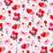 Seamless pattern with flowers, love letters and candy on a pink background. Heart rings and flowers for Valentine`s Day