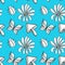 Seamless pattern with flowers, mushrooms, ladybugs and butterflies in doodle style, on a blue background