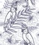 Seamless pattern flowers and parrots.