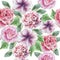 Seamless pattern with flowers. Peony. Rose. Petunia. Watercolor illustration.