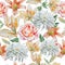 Seamless pattern with flowers. Rose. lily. Chrysanthemum. Watercolor.