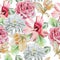 Seamless pattern with flowers. Rose. lily. Chrysanthemum. Watercolor.