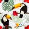 Seamless pattern with flowers and toucan bird