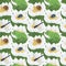 Seamless pattern flowers water lily animals insects watercolor frog dragonfly beetle snail