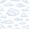 Seamless pattern with fluffy clouds or cumulus. Drawing of cloudy sky. Monochrome background with cloudscape. Vector