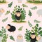 Seamless pattern. Fluffy funny black and white sheep and lambs play in the grass