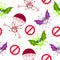 Seamless pattern of flying green, red, violet monster corona virus icon. Vector illustration. Cartoon virus on white background