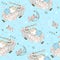 Seamless pattern with flying lambs and babies for boys. Vector