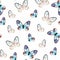 Seamless pattern with flying multicolored butterflies on a white background.