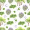 Seamless pattern of foliage and massive of flowers and trees cut out on white background made in the technique of colored pencils