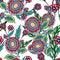 Seamless pattern folk art backdrop botanical flowers, Scandinavian colorful floral design Retro blossom and foliage ornament,