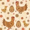 Seamless pattern with folk chicks and eggs