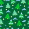 Seamless pattern of forest firs, clouds and stars on a dark green background.