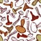 Seamless pattern with forest mushrooms. Boletus, porcini, chanterelles. Objects drawn with ink and pen. Hand drawn.