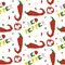 Seamless pattern in the form of geometric chili pepper, hand-drawn, with an inscription. Vector illustration of vegetables in