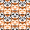 Seamless pattern with fox face. sly fox smiles. black and orange. Liar, dodger, mischievous, hoaxer. archetype in
