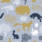 Seamless pattern with foxes, bear, hares, mouse, trees and bushes. Design surfaces with flora and fauna.