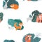 Seamless pattern with foxes, rabbits, hares and different elements. Illustration hand drawn in scandinavian style