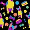 Seamless pattern. French bulldog with treats, cubes, balloons.