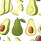 Seamless pattern. Fresh avocado and slice of avocados. Whole and half cut juicy avocado. Flat vector illustration on white