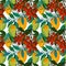 Seamless pattern with fresh bright exotic mango rambutan Summer fruits Organic botanical illustration for textile fabric texture