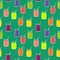 Seamless pattern with fresh fruit and berry smoothies in mason jars with straw. Vector hand drawn illustration.