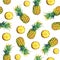 The seamless pattern of of fresh fruit pineapple with green leaves.