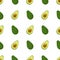 Seamless pattern with fresh half and whole avocado isolated on white background. Organic food. Cartoon style. Vector illustration