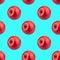 Seamless pattern of fresh red apples on blue background isolated, bright shiny apple repeating ornament, tasty juicy ripe fruits