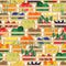 Seamless pattern with fresh ripe organic fruits and vegetables in wooden boxes. Backdrop with harvest or gathered crops