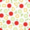 Seamless pattern of fresh slices of tomato cucumber and pepper slices, vector illustration of the concept of a healthy salad