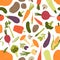 Seamless pattern with fresh tasty organic vegetables and mushrooms on white background. Backdrop with vegetarian food