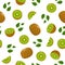 Seamless pattern with fresh whole half slice kiwi fruit and leaves on white background. Summer fruits for healthy lifestyle.