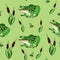seamless pattern frog in the reeds catches a fly. cute frog with green background, for fabric print, gift wrapping paper, textile