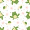 Seamless pattern of frogs with pink flowers and little snails on a white background. Ideal for baby fabric, home decor, and