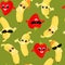 Seamless pattern fruit banana and strawberry in different poses, glasses, baseball cap. Fruits with faces.